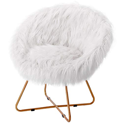 BIRDROCK HOME White Faux Fur Papasan Chair with Pale Gold Legs - Kids Bedroom Moon Chair - Comfy Wide Cushion Seat - Living Room Saucer - Metal - Fluffy Round Seat - Circle