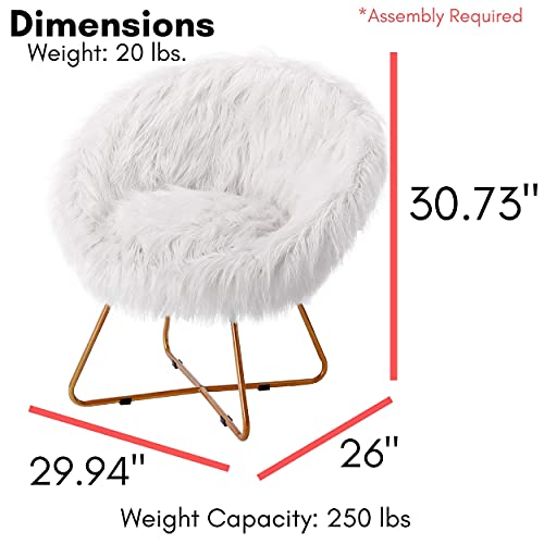 BIRDROCK HOME White Faux Fur Papasan Chair with Pale Gold Legs - Kids Bedroom Moon Chair - Comfy Wide Cushion Seat - Living Room Saucer - Metal - Fluffy Round Seat - Circle