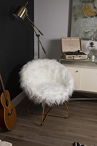 BIRDROCK HOME White Faux Fur Papasan Chair with Pale Gold Legs - Kids Bedroom Moon Chair - Comfy Wide Cushion Seat - Living Room Saucer - Metal - Fluffy Round Seat - Circle