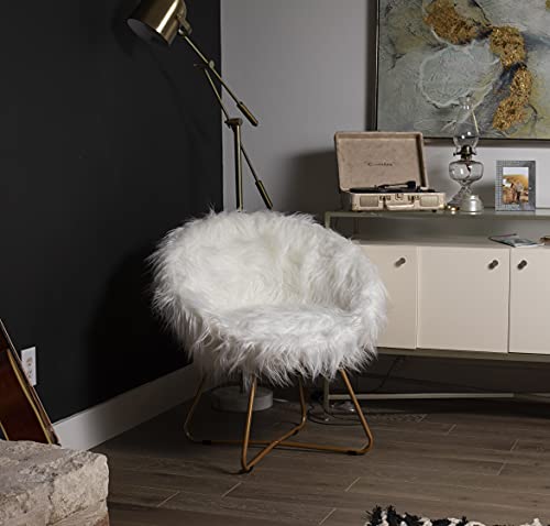 BIRDROCK HOME White Faux Fur Papasan Chair with Pale Gold Legs - Kids Bedroom Moon Chair - Comfy Wide Cushion Seat - Living Room Saucer - Metal - Fluffy Round Seat - Circle