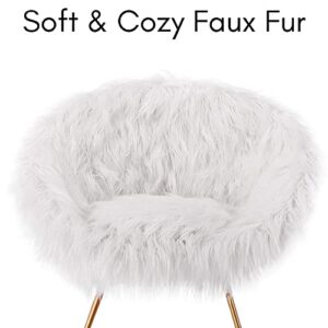 BIRDROCK HOME White Faux Fur Papasan Chair with Pale Gold Legs - Kids Bedroom Moon Chair - Comfy Wide Cushion Seat - Living Room Saucer - Metal - Fluffy Round Seat - Circle