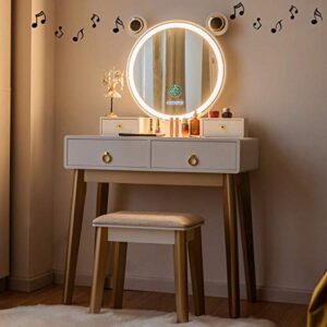 charmaid vanity set with lighted mirror, 3 color touch screen dimming mirror with display, 4 drawers with jewelry organizer, bedroom makeup dressing table with cushioned stool