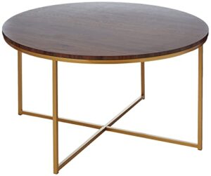 walker edison cora modern round faux marble top coffee table with x base, 36 inch, walnut and gold
