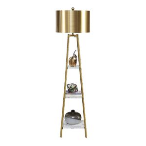 rosen garden floor lamp, standing reading light with shelves and gold shade, modern tall pole lamp, accent furniture décor lighting for living room, bedrooms