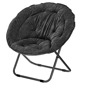 mdesign urban papasan folding moon chair – large saucer ufo chair with collapsible metal frame – fuzzy foldable dish seat for home office, living room, dorm room, and bedroom – black