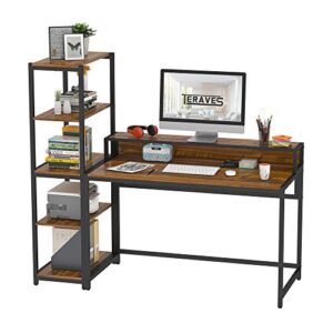teraves computer desk with 5 tier shelves,reversible writing desk with storage 41 inch study table for home office independent bookcase and desk for multiple scenes (desk+shelves(41in), teak)