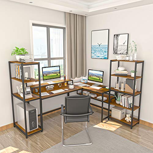 Teraves Computer Desk with 5 Tier Shelves,Reversible Writing Desk with Storage 41 Inch Study Table for Home Office Independent Bookcase and Desk for Multiple Scenes (Desk+Shelves(41in), Teak)