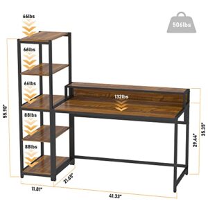 Teraves Computer Desk with 5 Tier Shelves,Reversible Writing Desk with Storage 41 Inch Study Table for Home Office Independent Bookcase and Desk for Multiple Scenes (Desk+Shelves(41in), Teak)