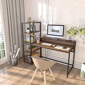 Teraves Computer Desk with 5 Tier Shelves,Reversible Writing Desk with Storage 41 Inch Study Table for Home Office Independent Bookcase and Desk for Multiple Scenes (Desk+Shelves(41in), Teak)