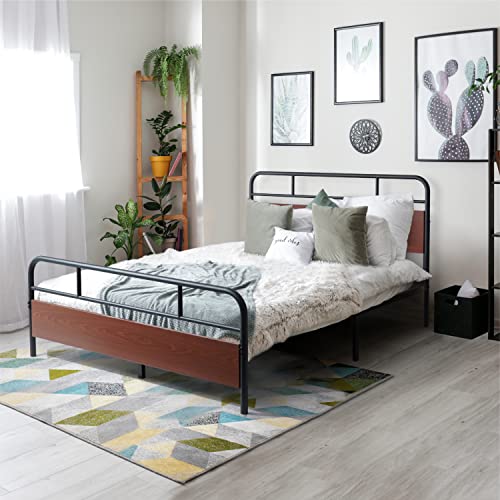 CAPHAUS Round Corner Metal Bed Frame with Modern Wood Headboard and Footboard, Mattress Foundation, Metal Platform Bed with Premium Steel Frame, Noise-Free, No Box Spring Needed, Full Size, Walnut