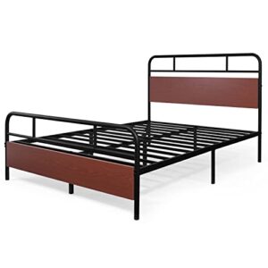 CAPHAUS Round Corner Metal Bed Frame with Modern Wood Headboard and Footboard, Mattress Foundation, Metal Platform Bed with Premium Steel Frame, Noise-Free, No Box Spring Needed, Full Size, Walnut