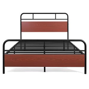 CAPHAUS Round Corner Metal Bed Frame with Modern Wood Headboard and Footboard, Mattress Foundation, Metal Platform Bed with Premium Steel Frame, Noise-Free, No Box Spring Needed, Full Size, Walnut