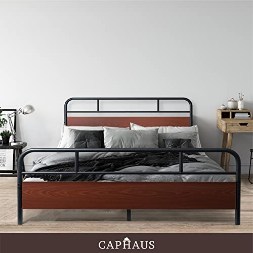 CAPHAUS Round Corner Metal Bed Frame with Modern Wood Headboard and Footboard, Mattress Foundation, Metal Platform Bed with Premium Steel Frame, Noise-Free, No Box Spring Needed, Full Size, Walnut