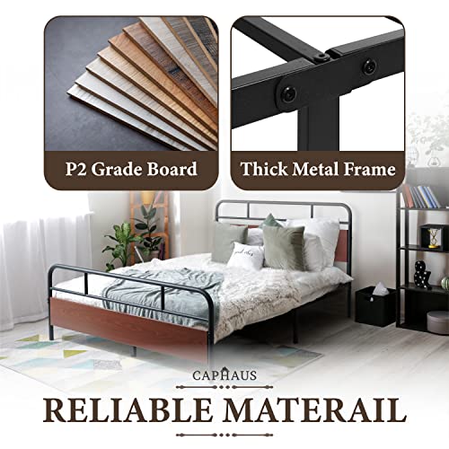 CAPHAUS Round Corner Metal Bed Frame with Modern Wood Headboard and Footboard, Mattress Foundation, Metal Platform Bed with Premium Steel Frame, Noise-Free, No Box Spring Needed, Full Size, Walnut