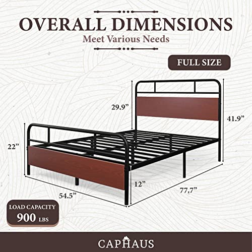 CAPHAUS Round Corner Metal Bed Frame with Modern Wood Headboard and Footboard, Mattress Foundation, Metal Platform Bed with Premium Steel Frame, Noise-Free, No Box Spring Needed, Full Size, Walnut