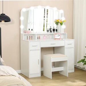 usikey Large Vanity Set with Large Lighted Mirror, Modern Makeup Vanity Table with 3 Drawers, 2 Storage Cabinets & 10 LED Bulbs, Dressing Table with Cushioned Stool for Women, Bedroom, White