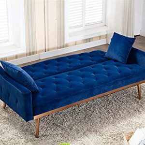 SLEERWAY Velvet Futon Sofa Bed with Two Pillows, Modern Sleeper Sofa Couch with 3 Adjustable Angles, Convertible Loveseat for Living Room and Bedroom, Blue