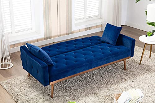 SLEERWAY Velvet Futon Sofa Bed with Two Pillows, Modern Sleeper Sofa Couch with 3 Adjustable Angles, Convertible Loveseat for Living Room and Bedroom, Blue