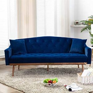 SLEERWAY Velvet Futon Sofa Bed with Two Pillows, Modern Sleeper Sofa Couch with 3 Adjustable Angles, Convertible Loveseat for Living Room and Bedroom, Blue