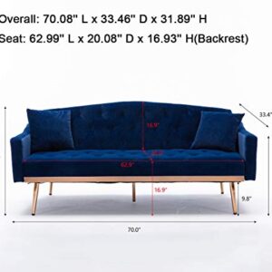 SLEERWAY Velvet Futon Sofa Bed with Two Pillows, Modern Sleeper Sofa Couch with 3 Adjustable Angles, Convertible Loveseat for Living Room and Bedroom, Blue