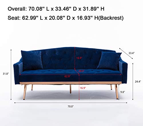 SLEERWAY Velvet Futon Sofa Bed with Two Pillows, Modern Sleeper Sofa Couch with 3 Adjustable Angles, Convertible Loveseat for Living Room and Bedroom, Blue