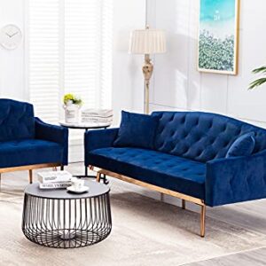 SLEERWAY Velvet Futon Sofa Bed with Two Pillows, Modern Sleeper Sofa Couch with 3 Adjustable Angles, Convertible Loveseat for Living Room and Bedroom, Blue