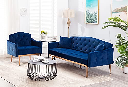 SLEERWAY Velvet Futon Sofa Bed with Two Pillows, Modern Sleeper Sofa Couch with 3 Adjustable Angles, Convertible Loveseat for Living Room and Bedroom, Blue