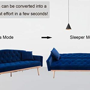 SLEERWAY Velvet Futon Sofa Bed with Two Pillows, Modern Sleeper Sofa Couch with 3 Adjustable Angles, Convertible Loveseat for Living Room and Bedroom, Blue