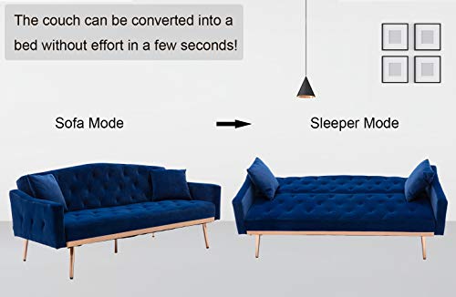 SLEERWAY Velvet Futon Sofa Bed with Two Pillows, Modern Sleeper Sofa Couch with 3 Adjustable Angles, Convertible Loveseat for Living Room and Bedroom, Blue