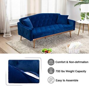 SLEERWAY Velvet Futon Sofa Bed with Two Pillows, Modern Sleeper Sofa Couch with 3 Adjustable Angles, Convertible Loveseat for Living Room and Bedroom, Blue