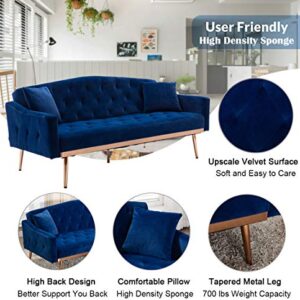 SLEERWAY Velvet Futon Sofa Bed with Two Pillows, Modern Sleeper Sofa Couch with 3 Adjustable Angles, Convertible Loveseat for Living Room and Bedroom, Blue