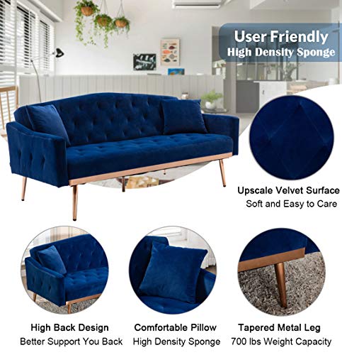 SLEERWAY Velvet Futon Sofa Bed with Two Pillows, Modern Sleeper Sofa Couch with 3 Adjustable Angles, Convertible Loveseat for Living Room and Bedroom, Blue