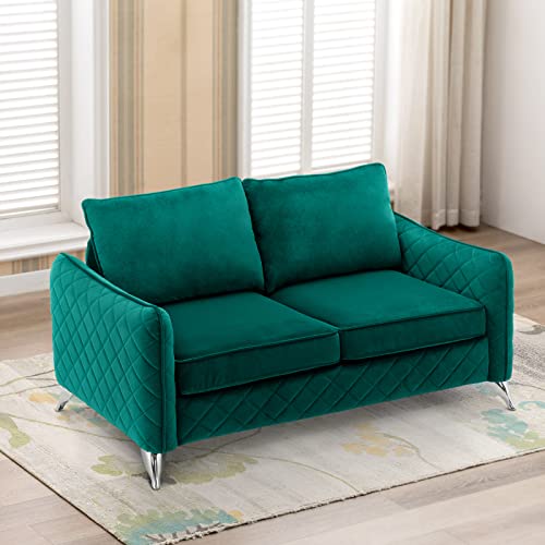 Artechworks Velvet Modern Loveseat Sofa Couch, Tufted Upholstery, Comfy Reception Love Seats, 2- Seat Chair Couch for Office, Home, Bedroom, Living Room, Apartment, Silver Tone Metal Legs, Dark Green