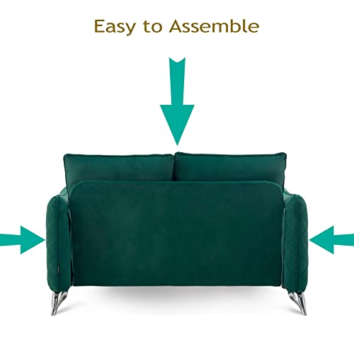 Artechworks Velvet Modern Loveseat Sofa Couch, Tufted Upholstery, Comfy Reception Love Seats, 2- Seat Chair Couch for Office, Home, Bedroom, Living Room, Apartment, Silver Tone Metal Legs, Dark Green