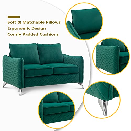 Artechworks Velvet Modern Loveseat Sofa Couch, Tufted Upholstery, Comfy Reception Love Seats, 2- Seat Chair Couch for Office, Home, Bedroom, Living Room, Apartment, Silver Tone Metal Legs, Dark Green