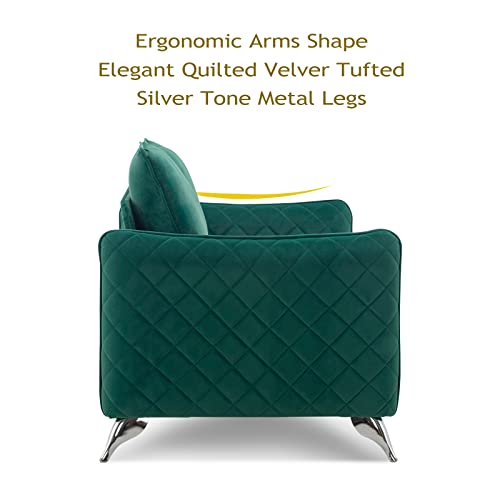 Artechworks Velvet Modern Loveseat Sofa Couch, Tufted Upholstery, Comfy Reception Love Seats, 2- Seat Chair Couch for Office, Home, Bedroom, Living Room, Apartment, Silver Tone Metal Legs, Dark Green