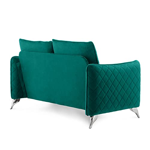 Artechworks Velvet Modern Loveseat Sofa Couch, Tufted Upholstery, Comfy Reception Love Seats, 2- Seat Chair Couch for Office, Home, Bedroom, Living Room, Apartment, Silver Tone Metal Legs, Dark Green