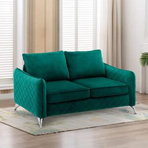 Artechworks Velvet Modern Loveseat Sofa Couch, Tufted Upholstery, Comfy Reception Love Seats, 2- Seat Chair Couch for Office, Home, Bedroom, Living Room, Apartment, Silver Tone Metal Legs, Dark Green