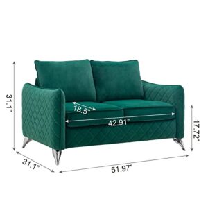 Artechworks Velvet Modern Loveseat Sofa Couch, Tufted Upholstery, Comfy Reception Love Seats, 2- Seat Chair Couch for Office, Home, Bedroom, Living Room, Apartment, Silver Tone Metal Legs, Dark Green