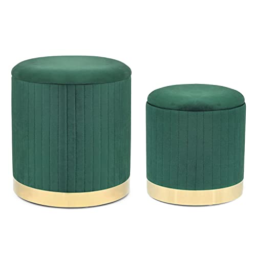 Adeco Round Velvet Storage Ottoman,Vanity Stool Chair,Upholstered Foot Rest Stool with Gold Plating Base for Living Room or Bedroom (Pack of 2)