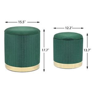 Adeco Round Velvet Storage Ottoman,Vanity Stool Chair,Upholstered Foot Rest Stool with Gold Plating Base for Living Room or Bedroom (Pack of 2)