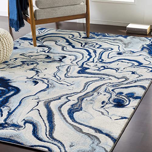 Glendon Abstract Coastal Living Room Bedroom Dining Room Area Rug - Marble Swirl Pattern Carpet - Modern Contemporary Bohemian - Ombre Blue, Royal Blue, Navy Blue, Grey, White - 5'3" x 7'3"