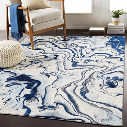 Glendon Abstract Coastal Living Room Bedroom Dining Room Area Rug - Marble Swirl Pattern Carpet - Modern Contemporary Bohemian - Ombre Blue, Royal Blue, Navy Blue, Grey, White - 5'3" x 7'3"