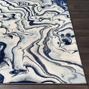 Glendon Abstract Coastal Living Room Bedroom Dining Room Area Rug - Marble Swirl Pattern Carpet - Modern Contemporary Bohemian - Ombre Blue, Royal Blue, Navy Blue, Grey, White - 5'3" x 7'3"