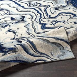 Glendon Abstract Coastal Living Room Bedroom Dining Room Area Rug - Marble Swirl Pattern Carpet - Modern Contemporary Bohemian - Ombre Blue, Royal Blue, Navy Blue, Grey, White - 5'3" x 7'3"