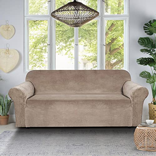 ENOVA FLORAL Sofa Slipcover Couch Covers, Ultra Soft Thick Stretch Velvet Fabric Sofa Slipcover 3 Seater Couch Covers, Sofa Durable Furniture Protector for Living Room (Taupe)