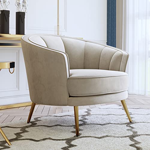 LUMISOL Modern Velvet Barrel Chair Accent Chair Arm Chair with Golden Legs, Upholstered Vanity Chair Comfy Curved Adult Chair for Bedroom (Beige Barrel)