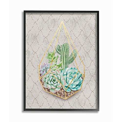 Stupell Industries Succulent Basket Gold Grey Watercolor Pattern Painting, Design by Artist Ziwei Li Wall Art, 24 x 30, Black Framed