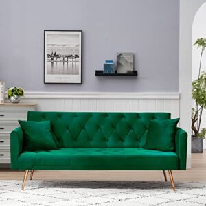 kinffict velvet futon sofa bed with 2 pillows, convertible sleeper sofa couch with 3 angle adjustable backrest, modern loveseat with 4 golden metal legs for living room and bedroom (green)