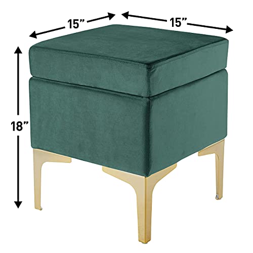 Ornavo Home Madison Modern Contemporary Square Upholstered Velvet Ottoman - Vanity Chair - Gold Metal Legs - Emerald Green